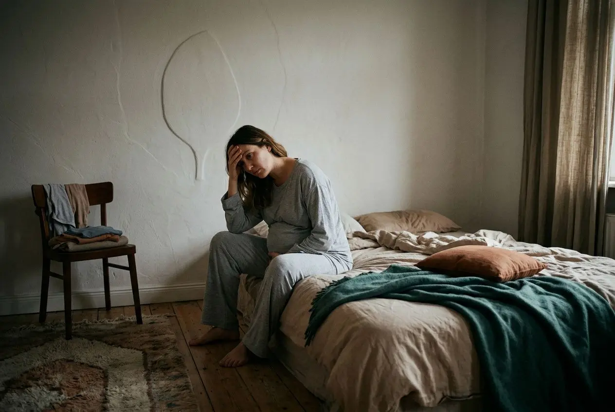 Femme enceinte assise au bord du lit, tête appuyée sur la main, ambiance sombre et calme qui évoque le bien être mental enceinte.