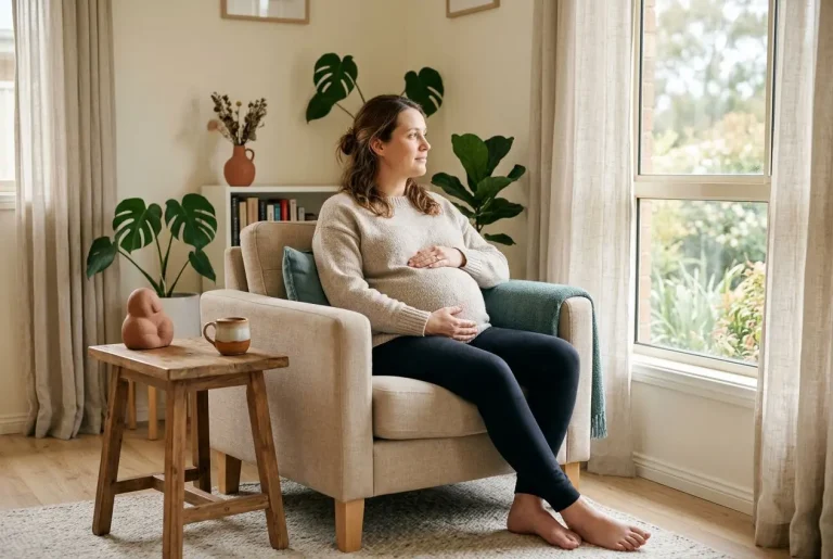 Femme enceinte assise sur un canapé, mains sur le ventre, près d’une grande fenêtre lumineuse. Ambiance calme et plantes vertes autour, symbole de bien être mental enceinte.