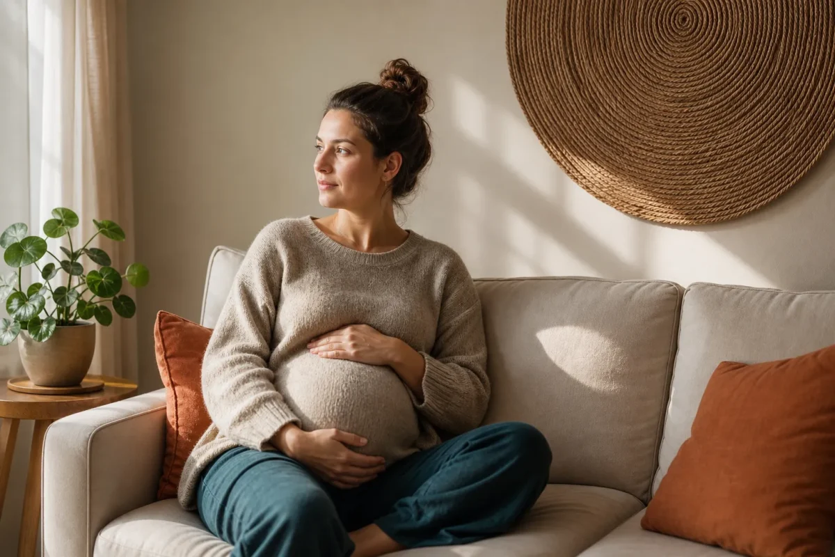 Femme enceinte assise sur un canapé, tenant son ventre, dans une pièce lumineuse et chaleureuse. Colère et grossesse évoquées.