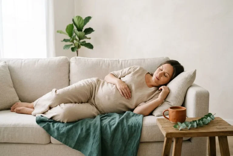 Femme enceinte dormant sur un canapé beige, entourée d’un plaid vert et d’une table avec une tasse, illustrant les bienfaits de la relaxation pendant la grossesse.