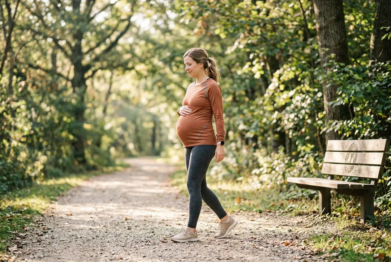Femme enceinte marchant dans un chemin de parc, main sur le ventre, vêtements confortables et une benche en bois à côté. intégrer: avoir de la force pendant la grossesse.