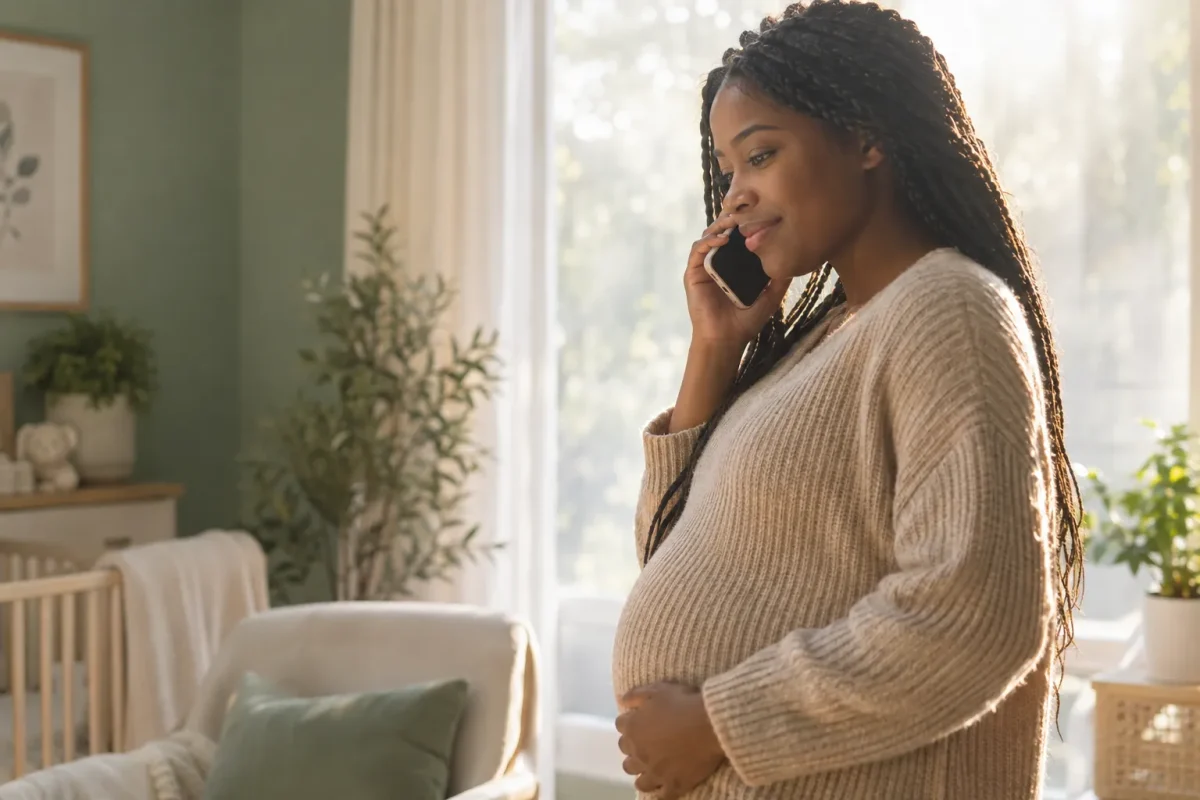 Femme enceinte parle au téléphone dans un intérieur lumineux.
