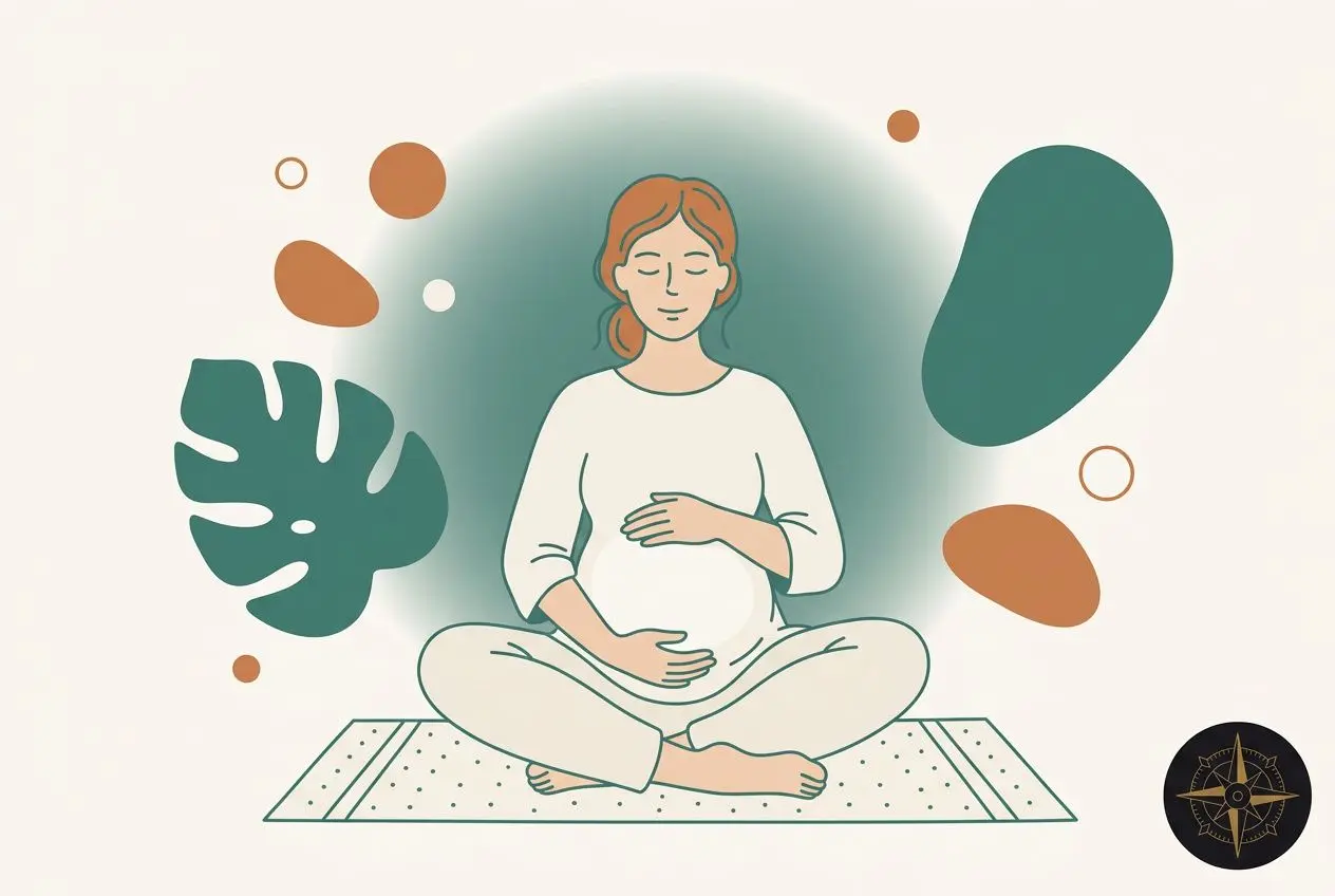 Femme enceinte en position de méditation sur un tapis, entourée d’illustrations abstraites et d’un halo verdoyant, symbole de bien être mental enceinte.