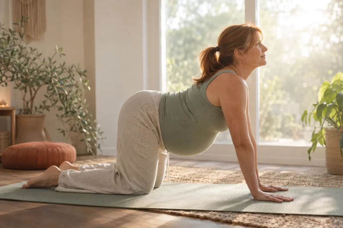 Une femme enceinte pratique une position de yoga sur un tapis de sol dans une pièce lumineuse.