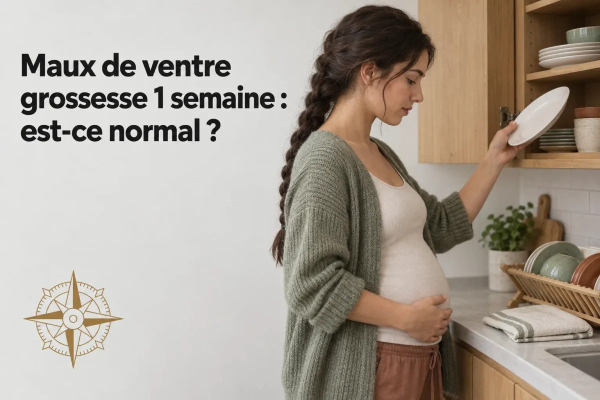 Femme enceinte se tenant le ventre et rangeant des assiettes dans une cuisine.