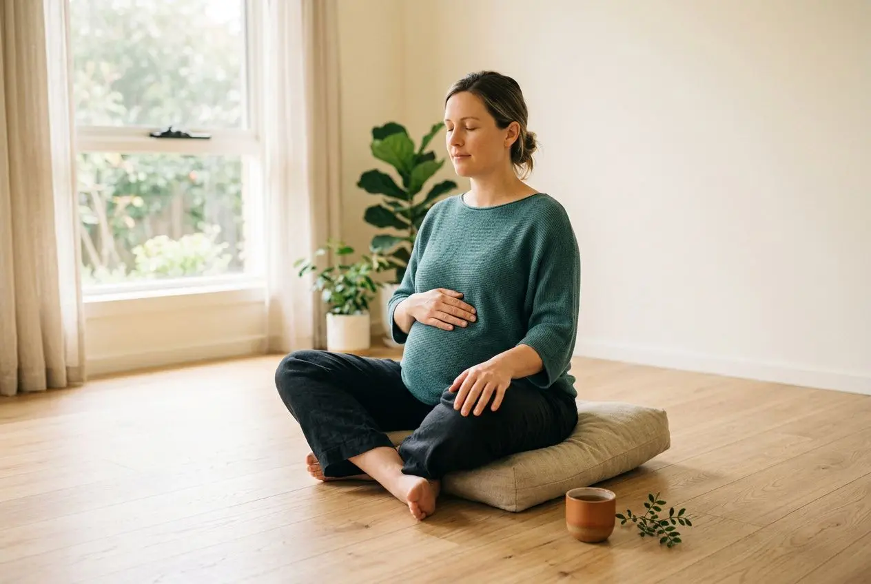 Femme enceinte en tidy pose de méditation, assise sur un coussin au sol, mains sur le ventre, milieu calme et lumineux, bienfaits de la relaxation pendant la grossesse visibles.