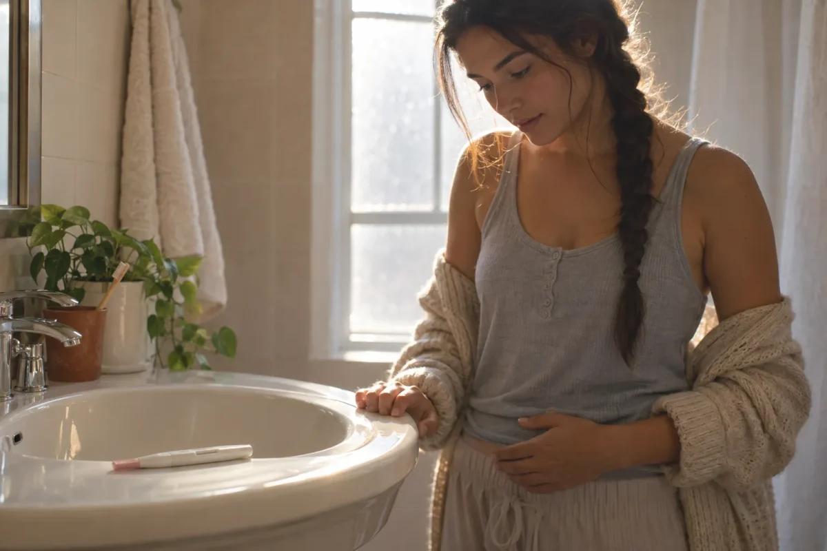 Une femme se tient près d’un lavabo dans une salle de bains, se tenant le ventre avec une expression pensive.
