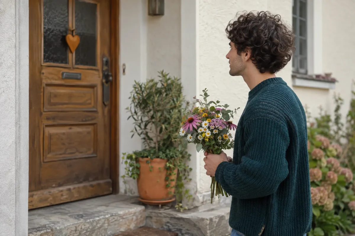 Un homme tient un bouquet de fleurs devant une porte d’entrée.