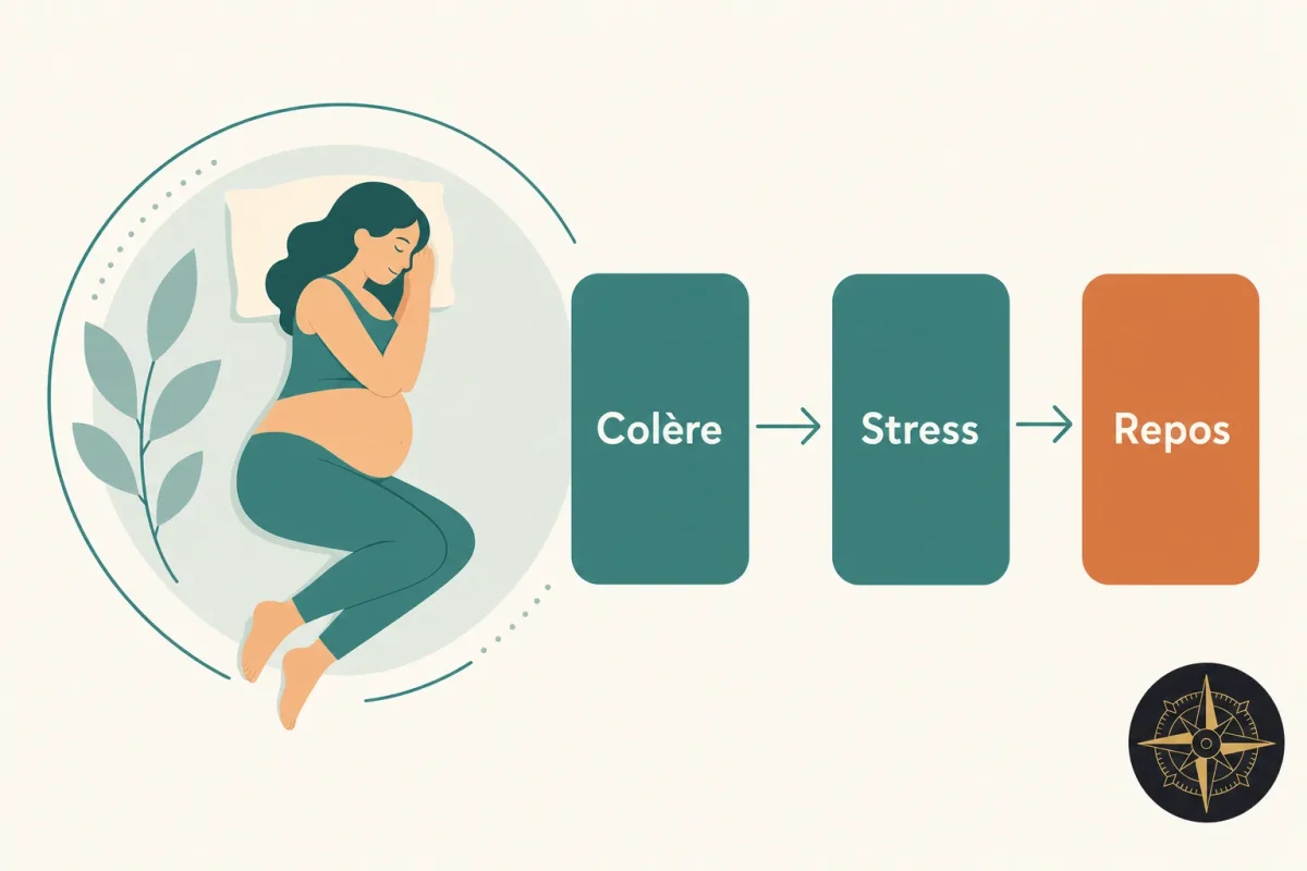Illustration d’une femme enceinte dormant assise sur le côté, avec un trajet visuel indiquant Colère → Stress → Repos, thème « colère et grossesse ».