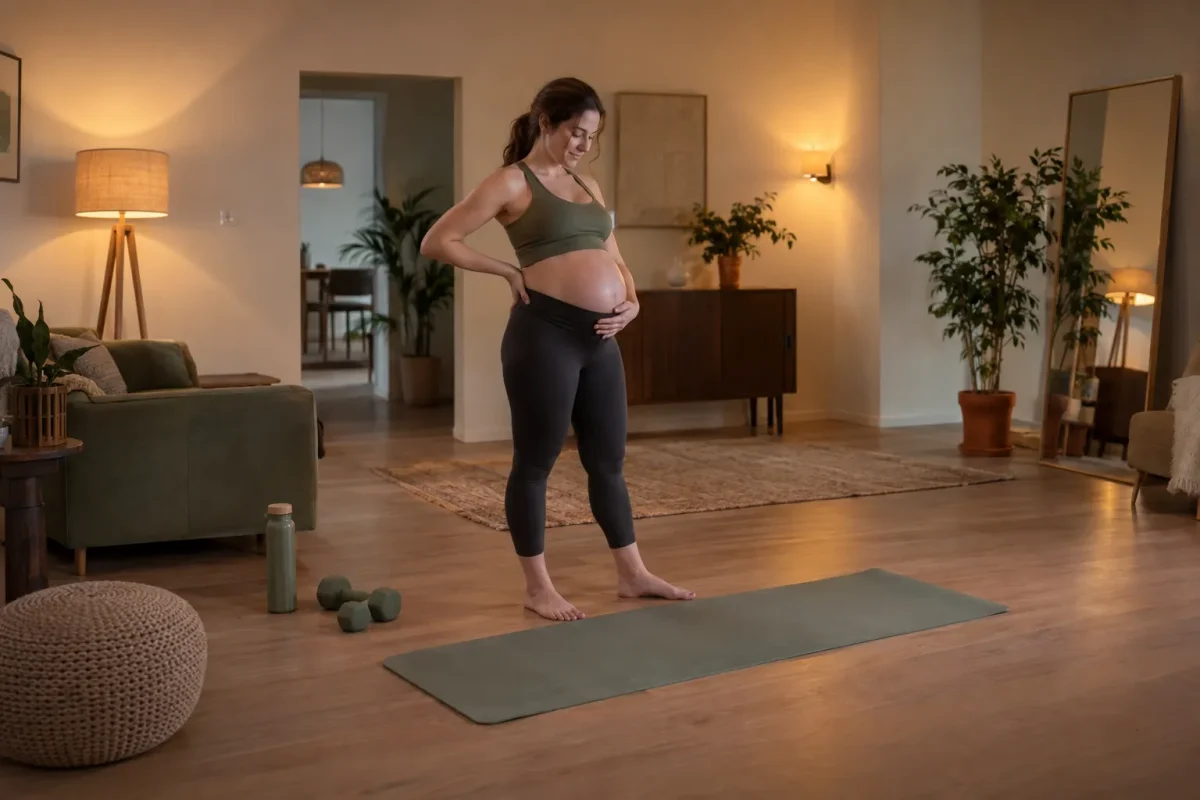 Jeune femme enceinte en tenue de sport pratique une séance légère sur tapis dans le salon, illustrant comment etre en forme enceinte pendant la grossesse.