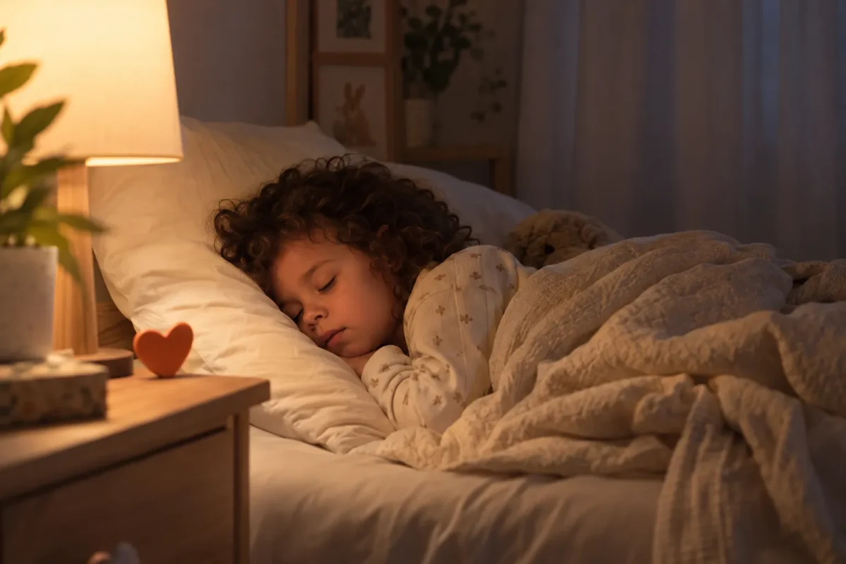 Une jeune fille dort paisiblement dans son lit, couverte d’une couverture et éclairée par une lampe de chevet.