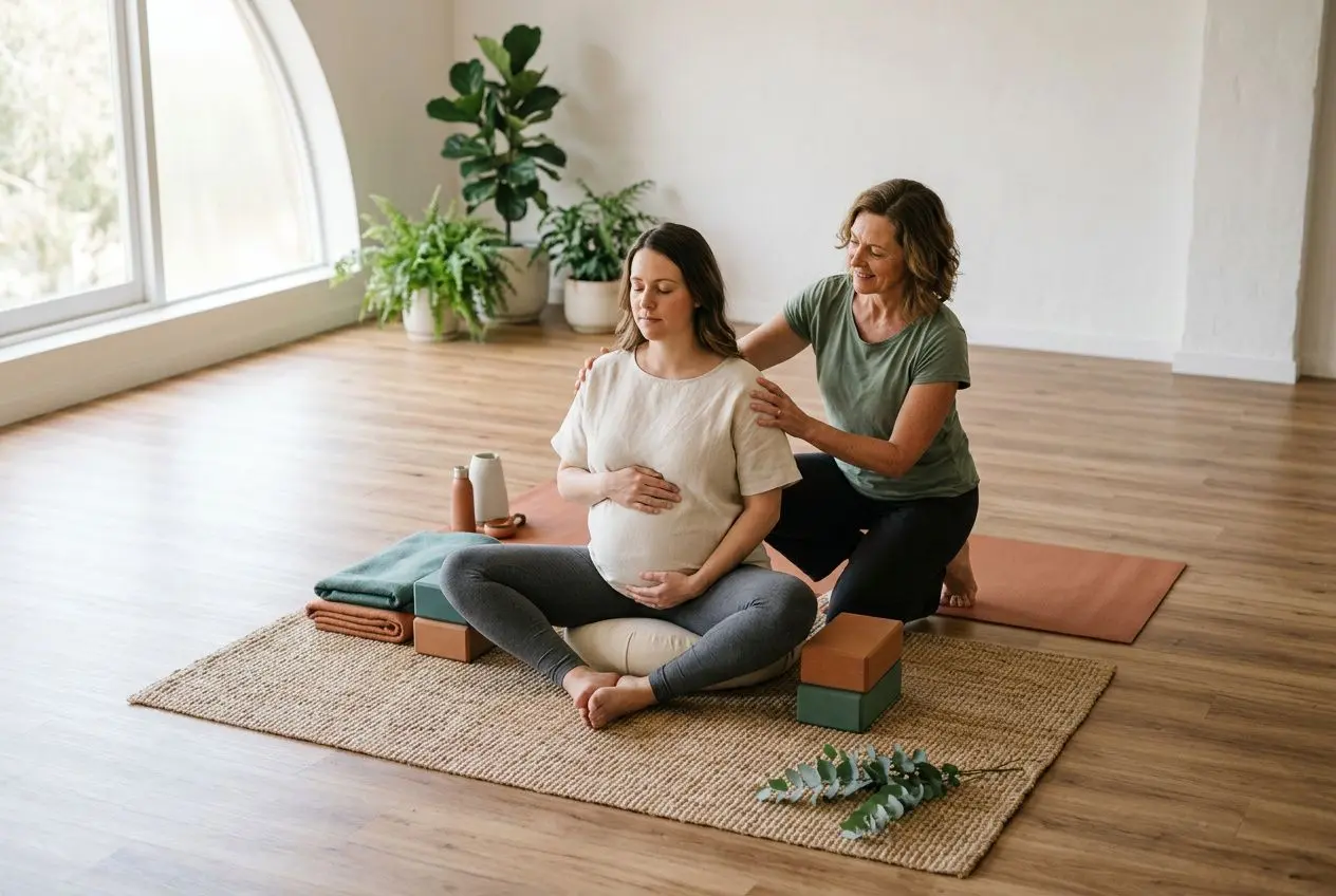 Maman enceinte en bol d’air calmé, assise en méditation sur tapis, massage des épaules par une accompagnatrice, ambiance zen avec plantes. Bienfaits de la relaxation pendant la grossesse.