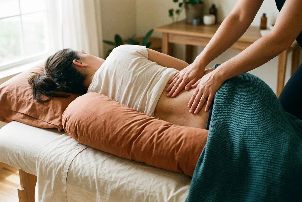 Massage prénatal en position latérale: soin doux pour le bien etre pour femme enceinte et soulagement des tensions abdominales.