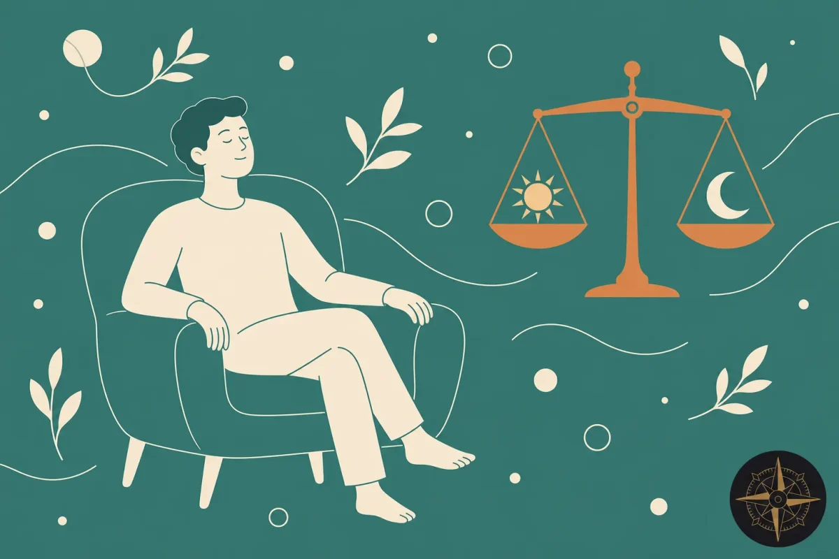 Personne assise dans un fauteuil, avec balance symbolique représentant équilibre entre travail et vie personnelle à droite.