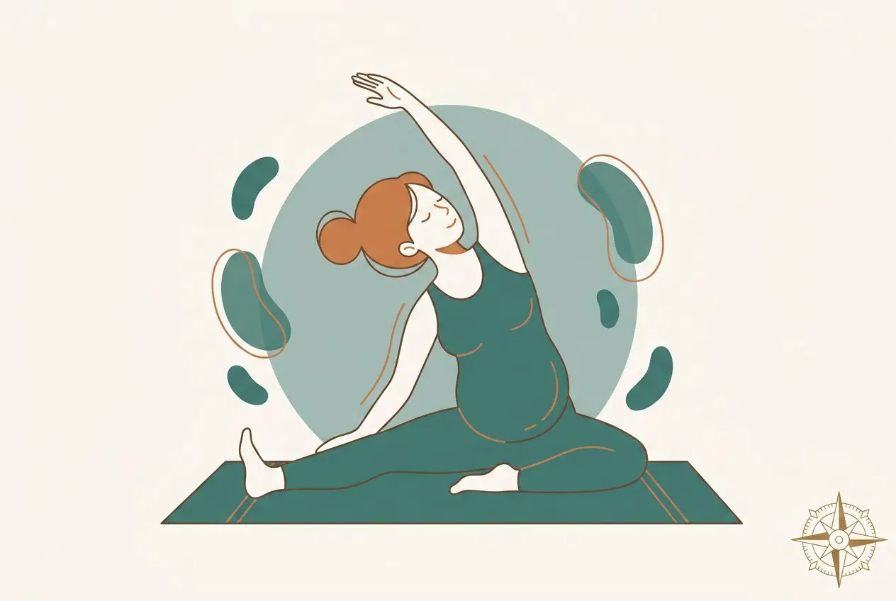 Personne enceinte en position de yoga assise, étirant bras et dos sur un tapis, illustration douce et circulaire en arrière-plan.