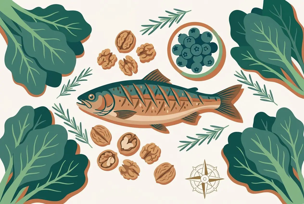 Poisson entouré de noix, myrtilles et feuilles vertes, illustrant une alimentation saine propice à l’astuce de grand-mère pour avoir une bonne mémoire.