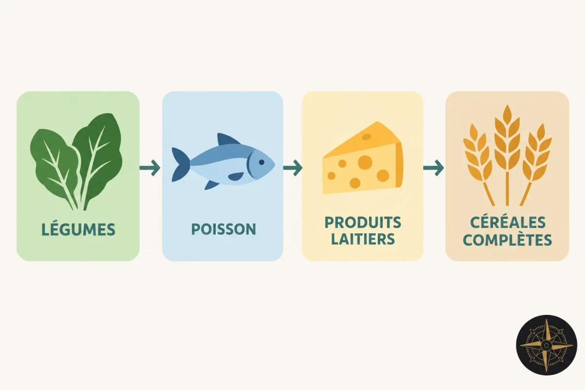 Processus alimentaire: légumes → poisson → produits laitiers → céréales complètes, illustration d’un parcours nutritionnel.