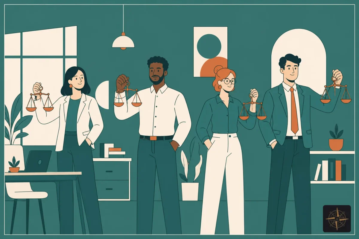 Quatre professionnels debout dans un bureau, chacun tenant une balance symbolisant l’équilibre travail-vie perso.