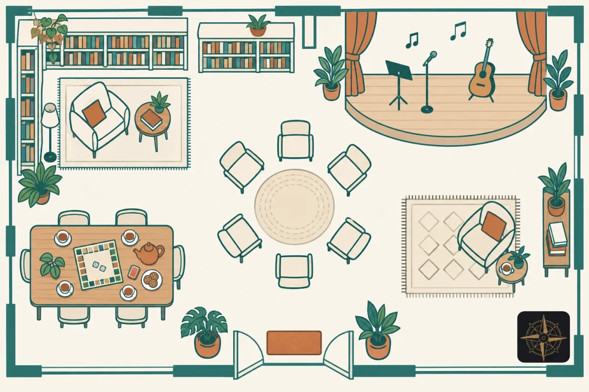 Salon et scène ouverte avec fauteuils, canapés et plantes, ambiance bibliothèque, table conviviale et petit coin musique. Référence au thème: bien vieillir pour une femme.