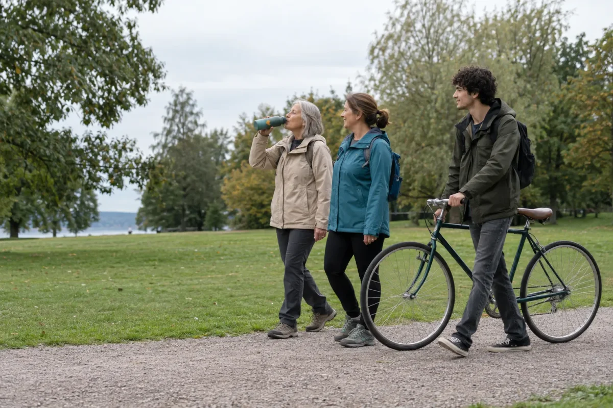 Trois personnes se promènent dans un parc, l’une boit d’une gourde, et l’un tient un vélo à côté.