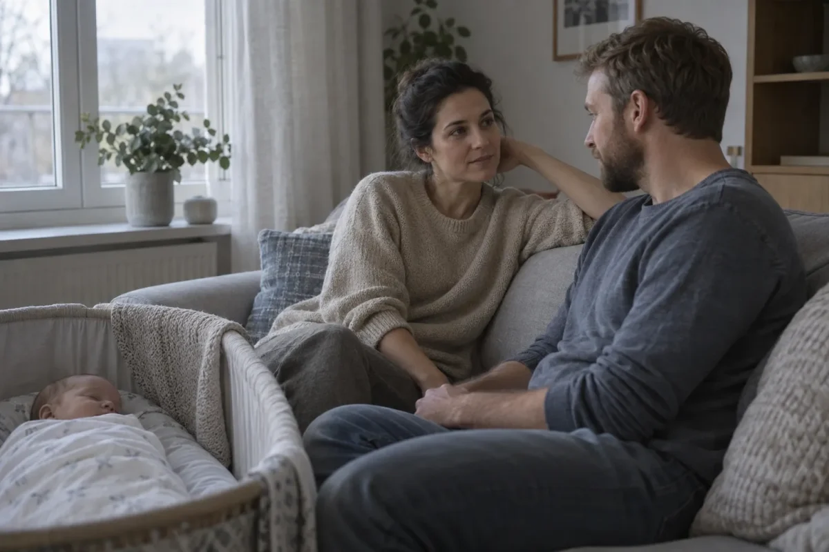 Un couple assis sur un canapé près du berceau regarde le nouveau père et la mère discuter calmement.