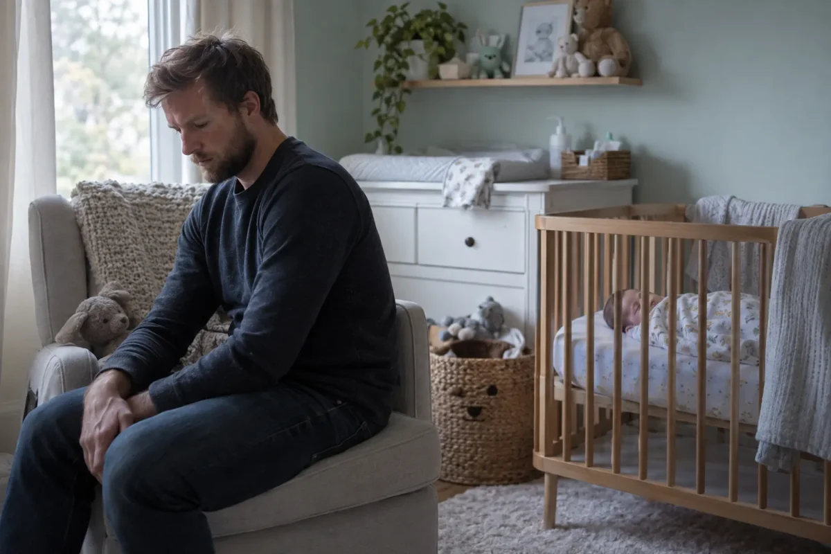 Un homme assis sur un fauteuil près de la fenêtre, l’air pensif, dans une chambre avec un berceau et un bébé endormi dans le
