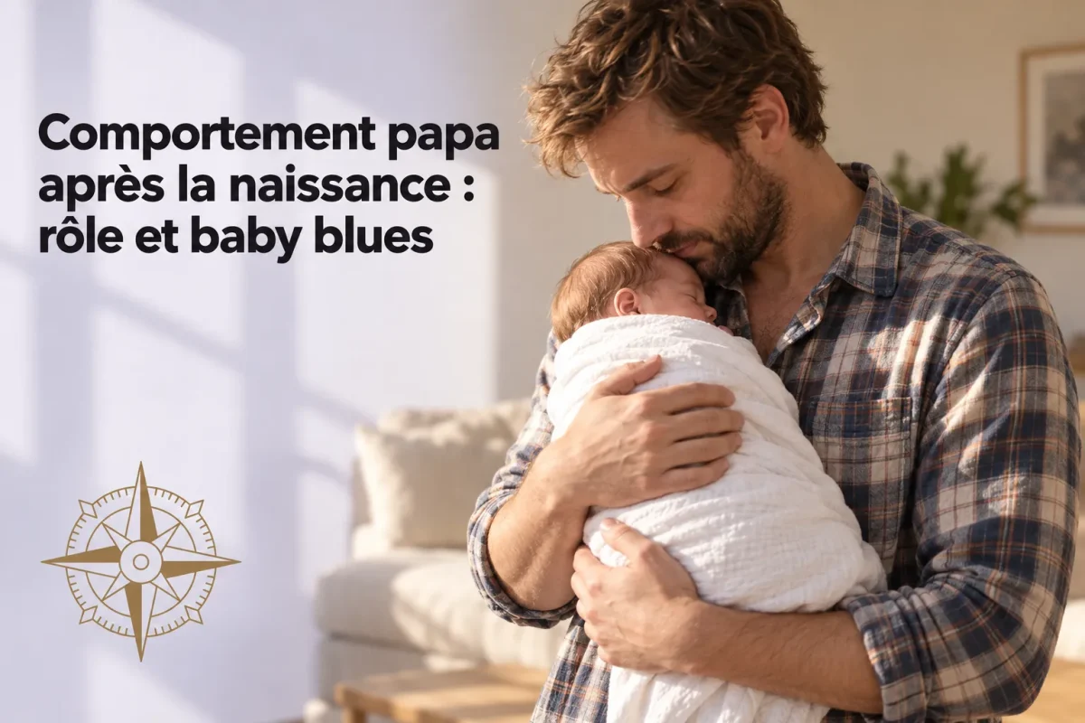 Papa qui enlace tendrement son bébé enveloppé dans une couverture blanche.
