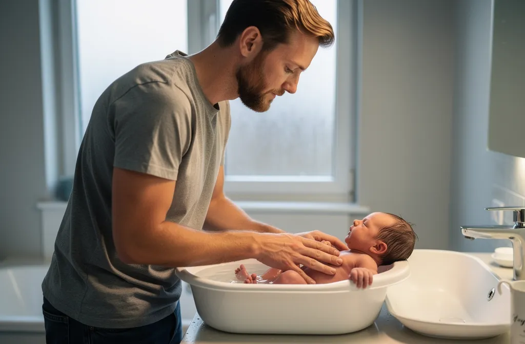 Un père debout près d’un lavabo remplit doucement un bébé dans une baignoire pour bébé.